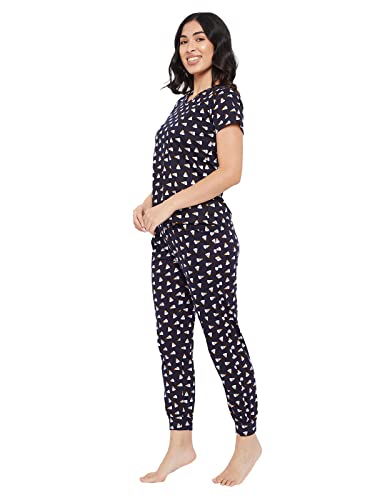 Image of Clovia Women's Cotton Ice Cream Printed Top & Pyjama Set in Blue