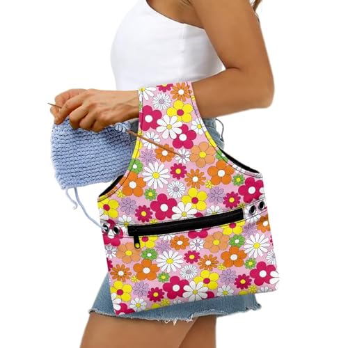 Image of ZUXONGSY Colorful Daisy Yarn Bag for Knitting Pink Knitting Crochet Tote Bag for Women Yarn Tote Handbags for Crocheting