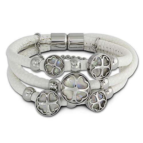 Amello Bracelet trèfle en Argent Blanc Mère en Cuir en Acier Inoxydable de Perle LAQ005W9 Une Offre de Fit4Style Cover