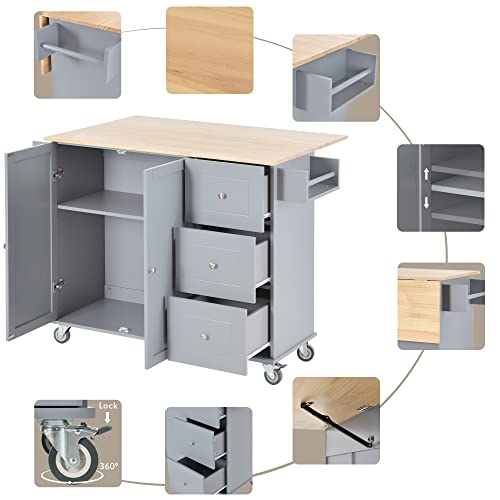 Kitchen Cart, Rolling Mobile Island Storage Cabinet With Wood Top And Drop Leaf, Spice Shelf, Towel Rack & Drawer Breakfast Bar For Dining Room, Grey Blue #TOP6