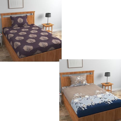 Image of Glace Cotton 220 tc Flat Single Bedsheets Combo Pack of 2 Bed Sheet for Breathable | Wrinklefree Super Soft (Size-60 X 90 Inch) with 2 Pillow Covers (Size-17 X 27 Inches) - Mauve&Beige