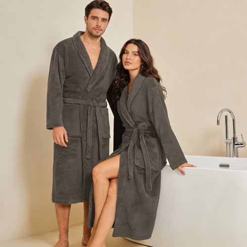 Brandsseller Unisex Bademantel Mikrofaser S/M – Weicher Morgenmantel mit Schalkragen für Damen & Herren – Hausmantel ideal für Zuhause, Reise & Spa – Anthrazit