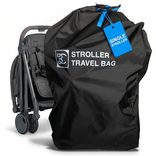 Image of Heavy Duty Single Stroller Gate Check Bag for Airplane Travel [45x20x12 in] - 420D Waterproof Nylon, Padded Backpack Straps | Fits Baby Jogger, UPPAbaby, Graco & Most Single Strollers | NOT for Double