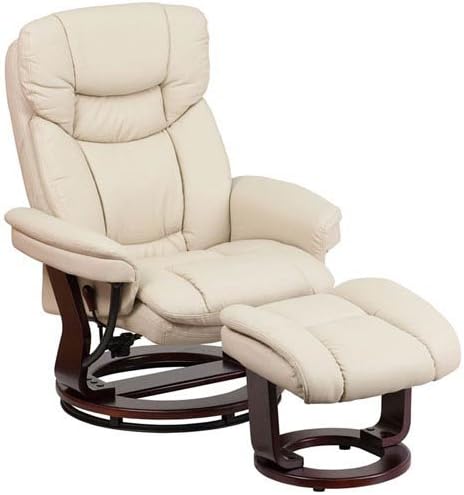 Parkside Contemporary Beige Leather Recliner and Ottoman with Swiveling Mahogany Wood Base