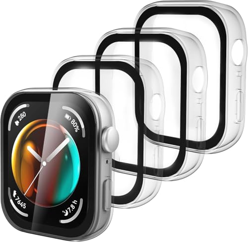 ELUTENG 4 Stück Hülle mit Bildschirmschutz für Huawei Watch Fit 3 360° R&um Superdünne PC Hard Schutzhülle mit 9H Festigkeit HD Klar Gehärtetes Glas Bildschirmschutz Kratzfest Schutz Gehäuse, Transparent