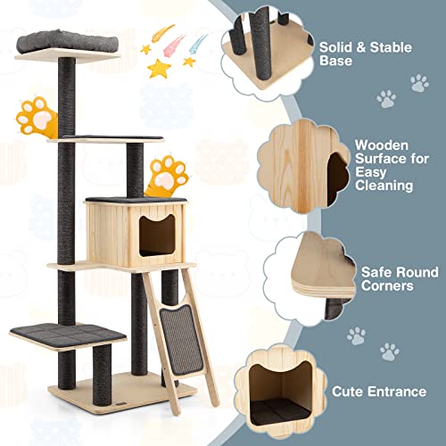 Petsite 69" Tall Wooden Cat Tree Tower, Modern Cat Activity Center Tree With Sisal Posts & Scratch Board, Condo & Top Perch For Kitchen & Large Cat, Grey #TOP6