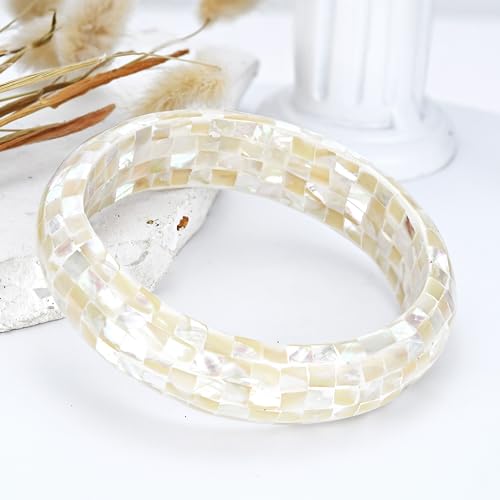 AeraVida Iridescent Mosaic of White Mother of Pearl Bangle Bracelet | Elegant Sterling Silver and Mother of Pearl Jewelry for Women | Stylish Mosaic Design Bracelet2