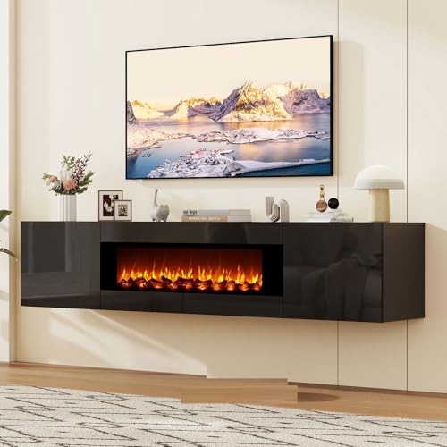 70" Wall Mounted Floating TV Stand with 36" Electric Fireplace, High Gloss Floating Entertainment Center TV Shelf for TVs Up to 80", Black Fireplace Media Console Table Floating TV Cabinet L