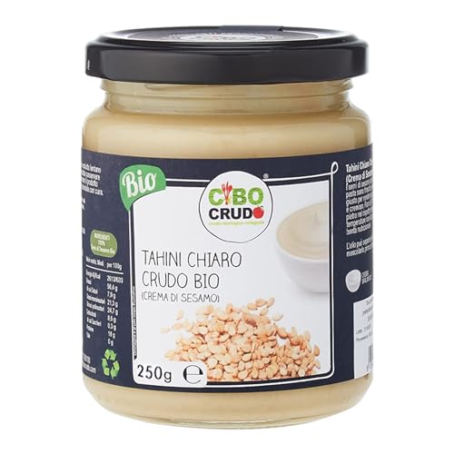 Tahini di Sesamo Crudo e Bio - 250g. Salsa Tahina per Hummus di Ceci Spalmabile da Semi di Sesamo. Contiene Vitamine Gruppo Proteine Fibre e Antiossidanti. Vegan e Vegetarian Friendly per Buddha Bowl.