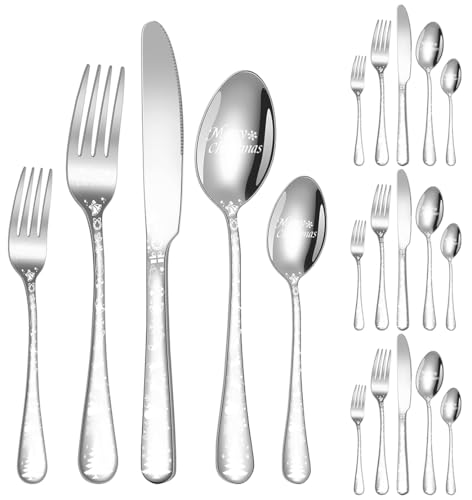 XIAOYU Set di posate natalizie, set di posate da 20 pezzi composto da forchette, coltelli e cucchiai, servizio per 4, set di posate unico con motivo ad albero di Natale per Halloween, Pasqua e Natale
