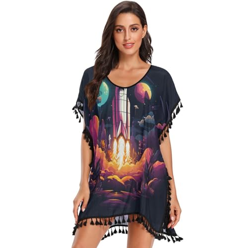 Moon Space Rocket Purple Planets Women's Beach Cover Up Chiffon Tassel Swimwear Swimsuit Coverups for Girl