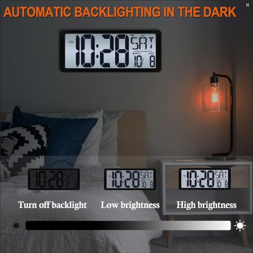 Image of 15 Inch Large Rechargeable Digital LCD Wall Clock with Backlight Glow in the Dark,Night Light Wall Clock with Week,Date & Temperature,DST,Alarm Display for Living Room, Bedroom, Gift for Elderly