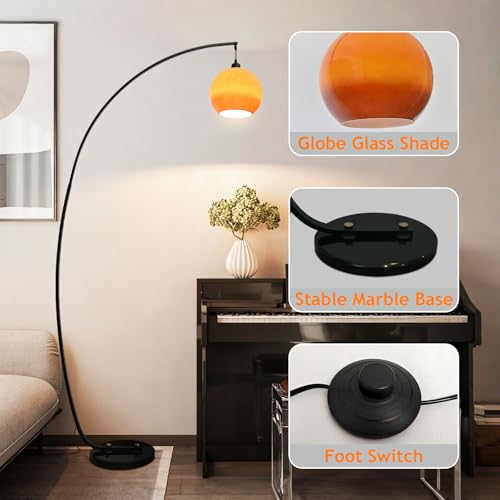 KlkrzJwy Modern Orange Glass Floor Lamp Arc 70.9" Floor Light Globe Glass Standing Lamp with E26 Dimmable Curved Tall Light for Living Room Bedroom Study Dining Room - Image 3