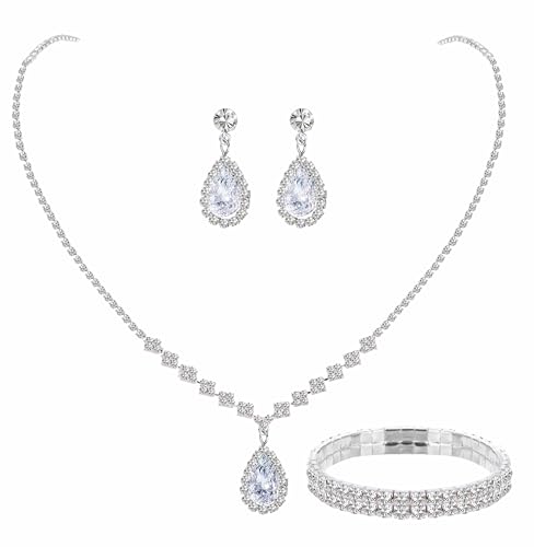 Paxuan Silver / Gold Rhinestone Crystal Wedding Bridal Bridesmaids Earrings Bracelet Set for Women Brides Bridesmaids Crystal Rhinestone Bracelet Earrings Set for Wedding Bridal Prom Pageant (Style1 - Necklace + Earrings + Bracelet(Silver Plated White Cubic Zirconia))