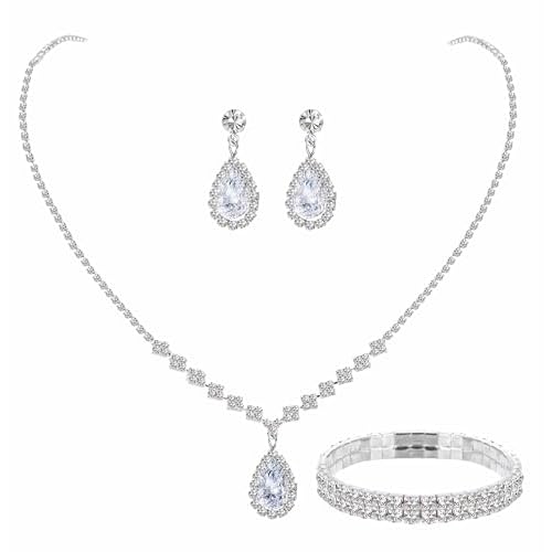Paxuan Silver/Gold Rhinestone Crystal Wedding Bridal Bridesmaids Earrings Bracelet Set for Women Brides Bridesmaids Crystal Rhinestone Bracelet Earrings Set for Wedding Bridal Prom Pageant