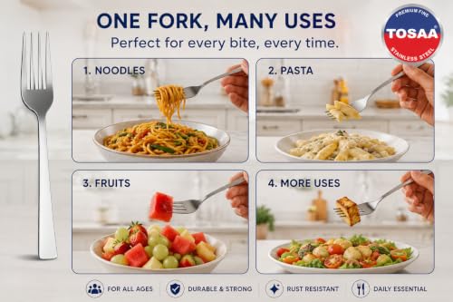 Image of Tosaa Baby Fork Impress 16G-Pack of 6 for Home & Kitchen,Use for Lunch and Dinner with Dishes Like Noodles, Pasta, and More.