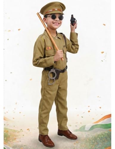 Image of BookMyCostume 10-Pcs Most Comprehensive Set of Kids Police Commissioner Dress - Police Uniform with Gun, Holder, Belt, Toy Handcuffs, Stick, and Black Goggles - Fancy Dress Competition | 4-5 Years