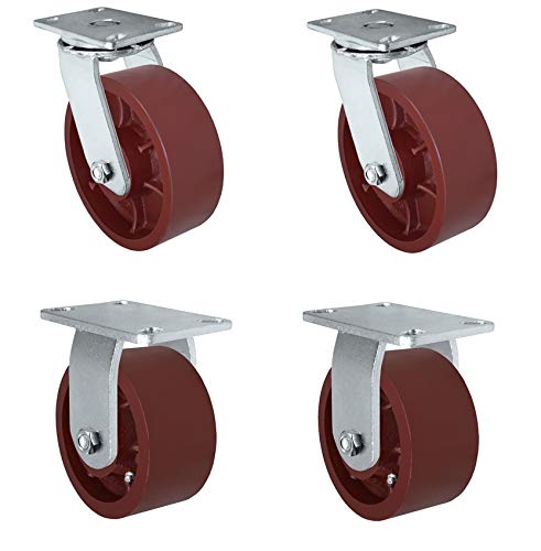 CasterHQ - 6" x 3" Heavy Duty 2 Swivel & 2 Rigid Caster - Red Ductile Steel Wheel - 10,000 lbs Capacity Per Caster