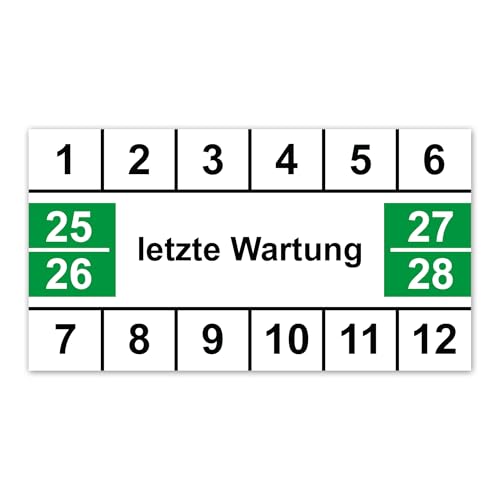 LabelTec Wartungsaufkleber letzte Wartung 33x18mm Aufkleber 2025-2028 Wartungsetiketten Vinyl Prüfetiketten weiß grün Plaketten Folie selbstklebend wasserfest LTB001 (100)
