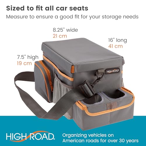 High Road CarHop Car Caddy Organizer with Road Trip Cooler, Car Cup Holder Bin, Sturdy Snack and Play Lid and 6 Organization and Storage Pockets, Gray