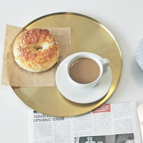 FREELOVE Gold Tray, Round Brass Serving Platter, Bar Circle Decorative Plate, Coffee Table Metal Decor Dishes, Brushed Hammered Coasters, Counter Bathroom Kitchen Dessert Cart Display Food, 12 inch - Image 5