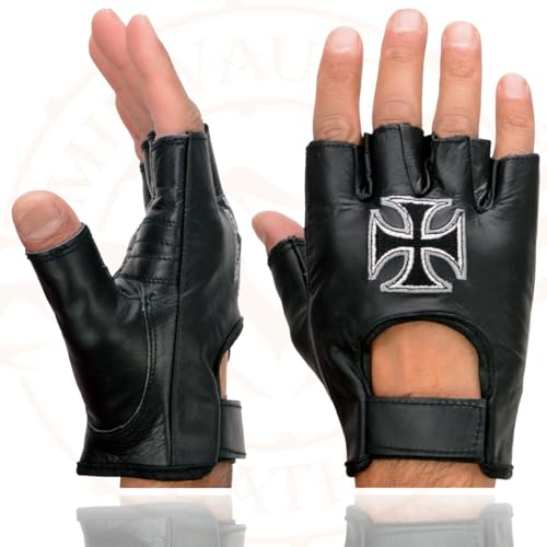 Image of Milwaukee Leather SH198 Men's Black Flame Embroidered Fingerless Gloves with Gel Palm