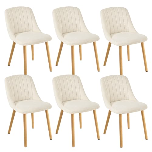 Goeurvant Lot de 6 Chaises de Salle à Manger Blanches avec Pieds en Bois, Chaises Rembourrées en Tissu Chenille, pour Cuisine, Salle à Manger, Salon et Bureau