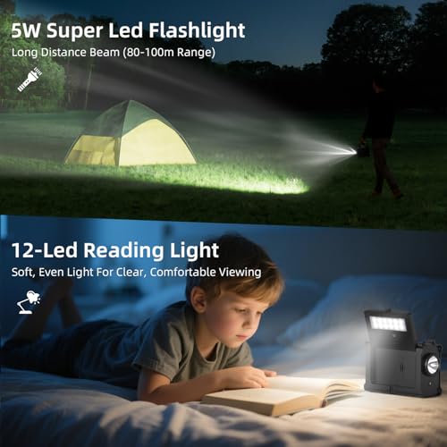 12000mAh Solar Kurbelradio, Tragbar Weltempfänger Radio, Notfallradio mit AM/FM Empfang & 8500mm² Solarpanel, Aufladbar Powerbank, Taschenlampe & Leseleuchte für Notfall Überleben Stromausfälle
