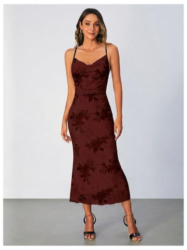 Image of SOLY HUX Women's Floral Mesh Bodycon Cami Dress Cowl Neck Sleeveless Cocktail Party Wedding Guest Long Maxi Dresses