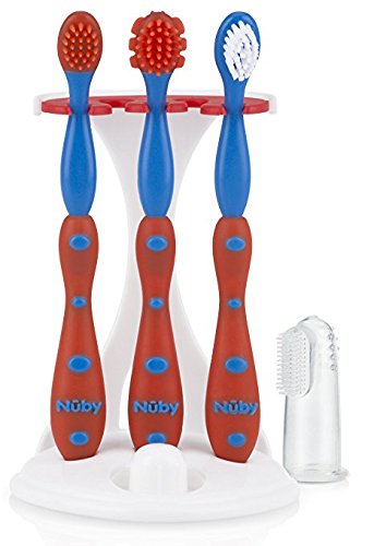 Image of Nuby 4 Stage Oral Care Set System (Red/Blue)