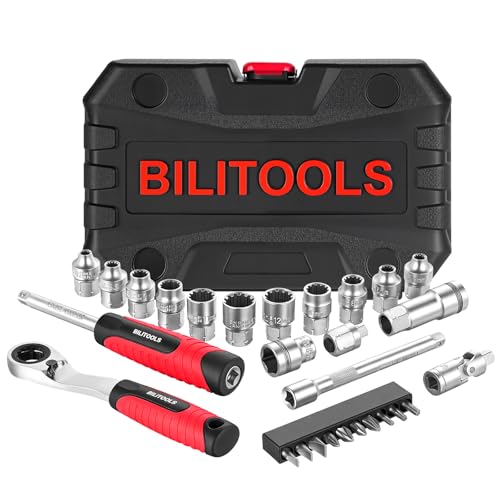 BILITOOLS 17PCS 3/8' & 1/2 Pass Through Socket Set, 2-In-1 Conversion For Standard Ratchet/Pass-Through Ratchet, Pass Thru Go Through Mechanics Tools Set For Hex, Square, E-Torx, Spline