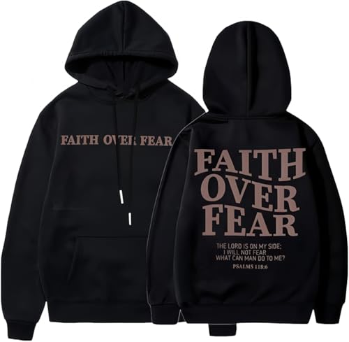 Earneo Faith Over Fear Hoodie Christian Faith Sweatshirt Jesus Loves You Hoodie Christian Religious Sayings Pullover Sweater (1 X-Large)