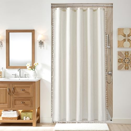 Nanspring Stall Natural Boho Linen Shower Curtain Vintage Country Textured Tassel Shower Curtain Set with Hooks 54 Inches Wide Modern Neutral Farmhouse Cottage Curtain for Bathroom 54x78, Cream by Nanspring - Used condition - US$26.33