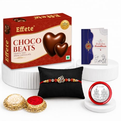Image of DeoDap Rakhi with Chocolate for Brother - OM Design Silver Color Rakhi with Choco Beats Chocolate 32 Gm, Greeting Card, Silver Color Pooja Coin & Tilak Set - Tradtitional Raksha Bandhan Combo Pack