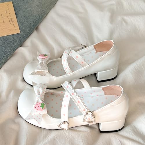 Women's Cross Strap Mary Jane Shoes Japanese Kawaii Strawberry Bow Round Toe Block Mid Heel Cute Pumps Lolita Cosplay Costume2