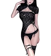 QNCLO Women's Sexy Cosplay Perspective Mesh Cheongsam Chinese Fashion Tight Retro Dress