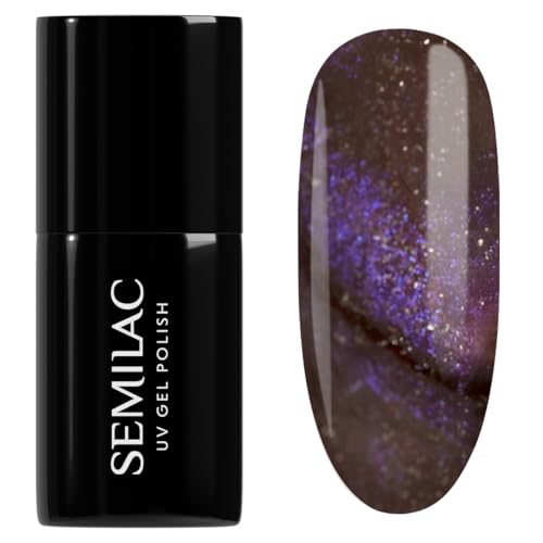 Semilac UV Nagellack 827 AI Brown 7 ml – Cat Eye Effekt, kosmischer Glanz mit kupfer-violettem Schimmer – Galaxy Flash Kollektion