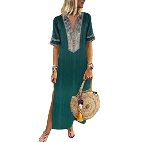 HEFASDM vestido longo feminino floral estampado de mangas curtas estilo étnico evasê, Verde, 4X-Larg