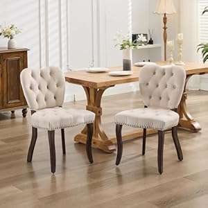 Dining Chairs French Vintage Beige Tufted Upholstered Dining Chair Fabric Dining Room Chairs with Wooden Legs Set of 2 Dining Chairs