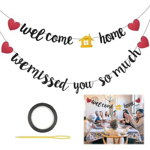 Welcome Home Banner Schwarz Willkommen Zuhause Deko Herzlich Willkommen Girlande Welcome Back Banner für Familie Party Rückkehr Familienfeiern (Schwarz A)