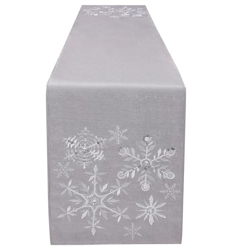 OWENIE Christmas Table Runner 90 Inch Extra Long, Silver Grey Snowflake Xmas Holiday Tabletop Decor, Embroidery Table Centerpieces with Sequins and Diamonds, Glittering Winter Home Decorations