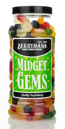 Original Midget Gems Retro Jelly Gummy Sweets Gift Jar By Berrymans Sweet Shop - Classic Sweets Traditional Taste.