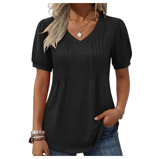 Zeagoo Blusa feminina de manga curta boho, casual, gola V, floral, lisa, lisa, túnica plissada, Preto, GG