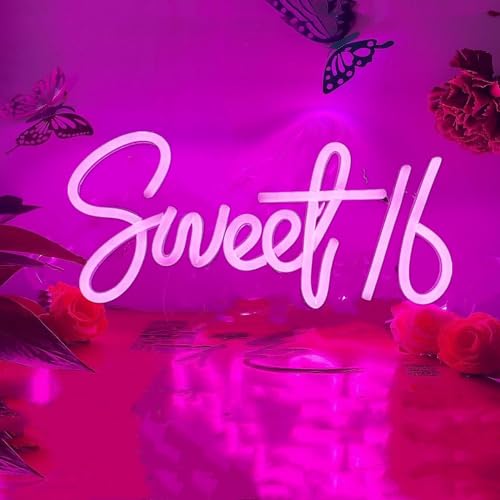 Image of LED Pink Sweet 16 Neon Signs 17x7in Dimmable Arylic Neon Lights for Teens Girls Daughter Birthday Party Bedroom Wall Window Decor,Pink Decorative Night Light for Birthday Gifts