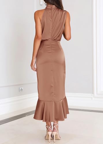 Image of KIRUNDO Women's Summer Satin Mock Neck Wedding Guest Dress | Party Cocktail Midi Dress, 2026 Spring Fashion, Silky, Elegant Classy Halter High Neck, Sleeveless Wrap Ruffle Formal Dress