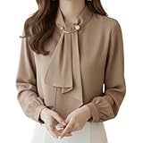 [AUREV] タイブラウス レディース 無地 4色 長袖 パール調 上品 きれいめ オフィス 通勤 トップス (アプリコット,XL)