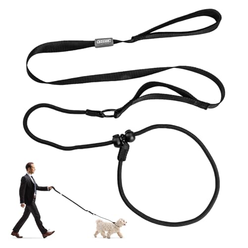 Correa deslizante para perro con collar de goma deslizante ajustable de 1,7 m, cuerda ligera de nailon a prueba de explosiones, correa antienredos, mango cómodo, correas antideslizantes negras para