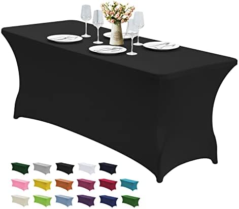 CWK 6FT Stretch Spandex Table Cover for Rectangular Fitted Folding Tables, Wrinkle Resistant, Elastic Stretchable Patio Tablecloth Protector for Party, Banquet, Wedding and Events (Black)