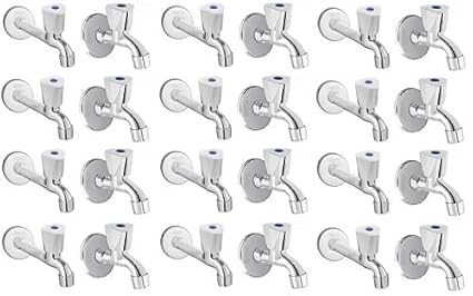 Spazio Stainless Steel Triangle Bib Cock with Long Body Combo Pack Foam Flow Water Taps with Wall Flange (Pack of 12) (Chrome Plated, Brass Disc)