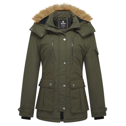 Wantdo, dam, vinter, bomull. vadderad kappa, varm vindtät utomhusjacka, klassisk, medellång parkas, fuskpäls, luva, rock, Grön,
